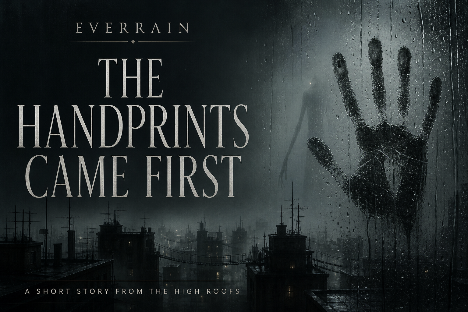 The Handprints Came First cover: a wet handprint on glass above Jayjo's fog-covered rooftops.