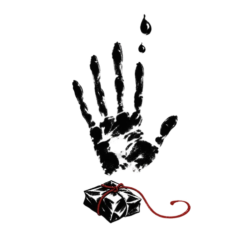 A broken black handprint and two rising drops above a folded medicine parcel, tied with a loose red cord.